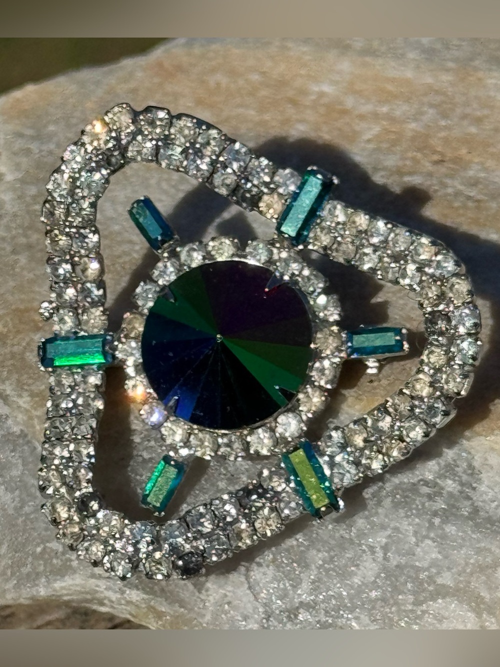 RARE Vintage Watermelon Aurora Borealis Rivoli Rhinestone Brooch